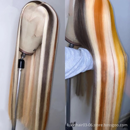 180% Density Virgin Hair Human 13x4 Hd Lace Front Wigs,Blond Mix Color Wig With Highlighs,Highlight Hd Lace Wig for Black Women